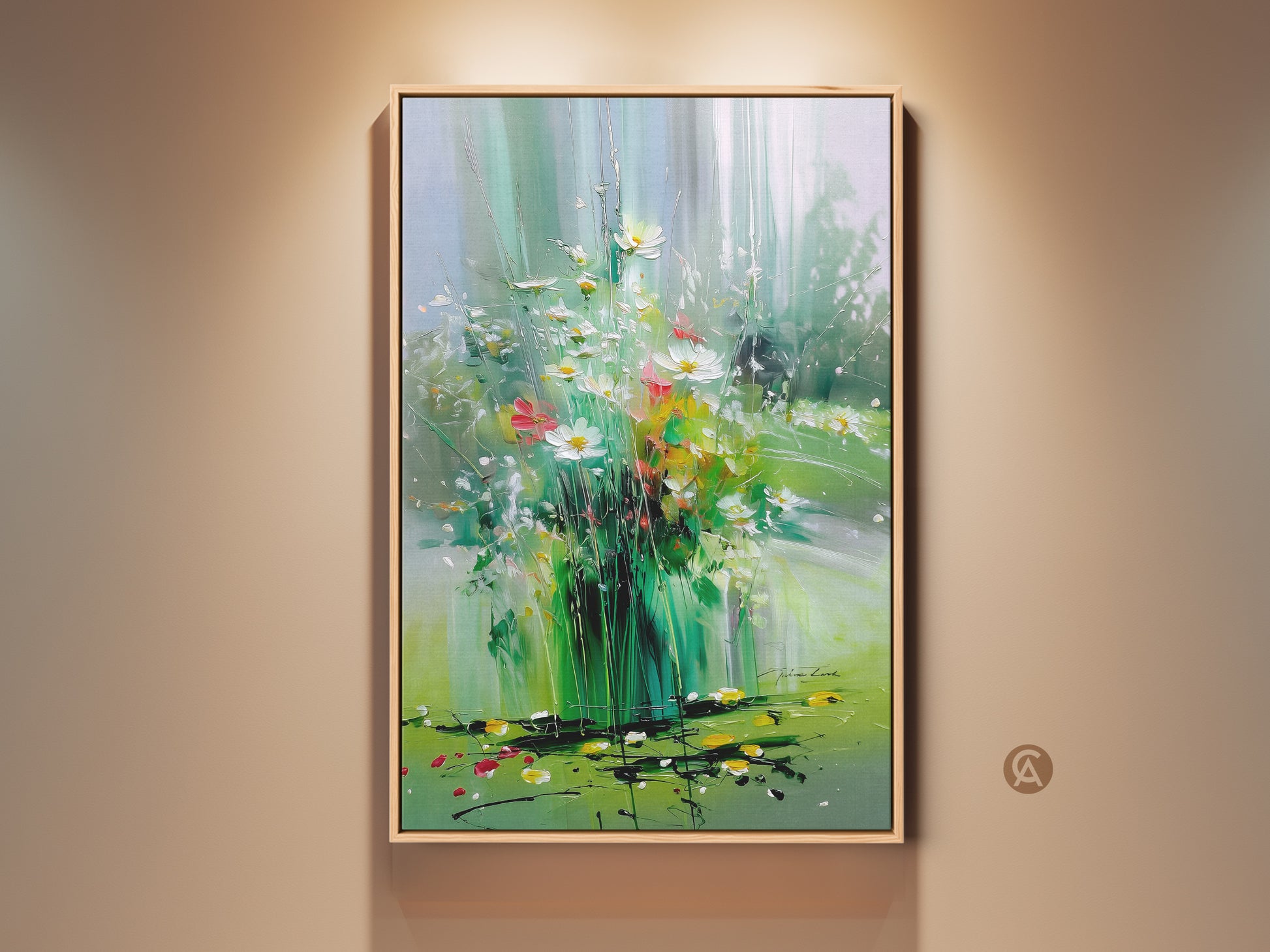 Impressionistic wildflower canvas art print in a modern frame. The art features emerald and lime green hues with light blue accents. Perfect boho bedroom wall decor. Botanical artwork adds nature-inspired beauty to any space.