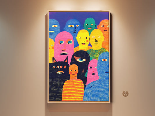 Eye See You artwork presents a colorful gathering of stylized figures. The art features a mix of human-like faces and a cat with multiple eyes. This framed art piece adds a modern surreal touch to any wall art collection.