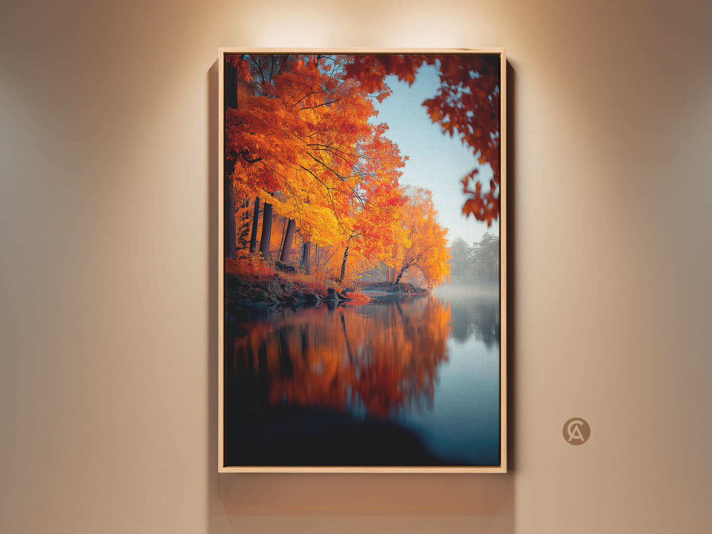 Experience the serenity of autumn with this framed artwork. Golden leaves reflect on a tranquil lake. This captivating landscape art brings nature's beauty indoors. Perfect for adding a touch of seasonal charm to any room. A stunning focal point for your home decor.