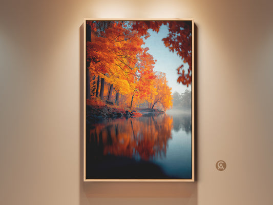 Experience the serenity of autumn with this framed artwork. Golden leaves reflect on a tranquil lake. This captivating landscape art brings nature's beauty indoors. Perfect for adding a touch of seasonal charm to any room. A stunning focal point for your home decor.