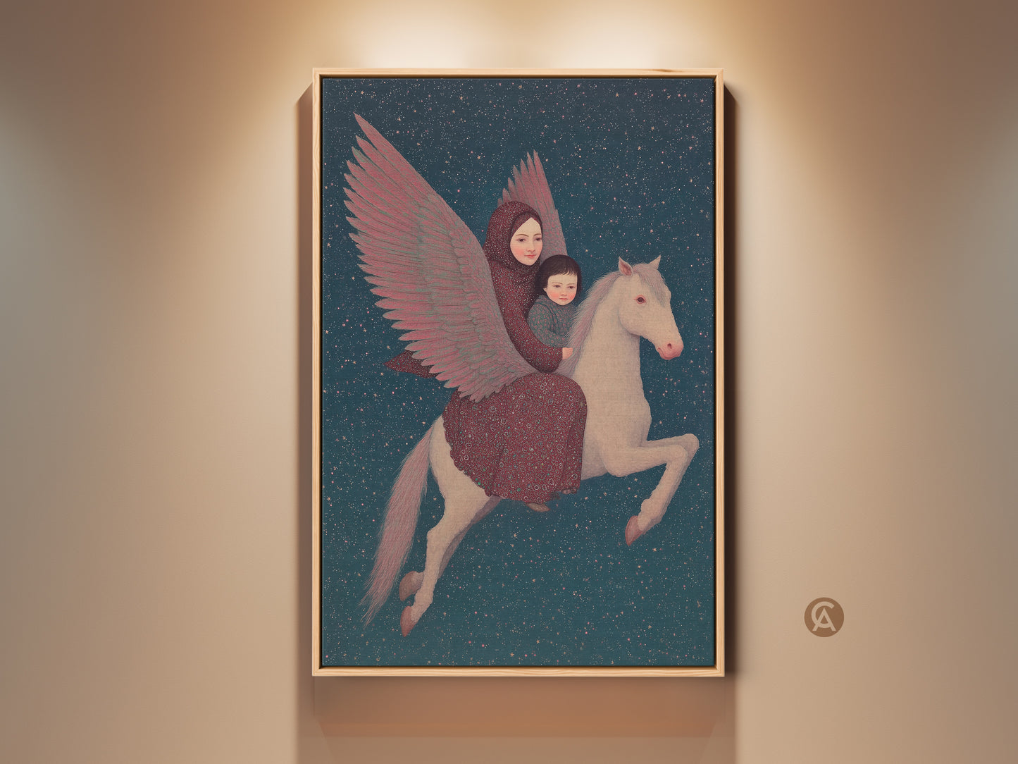 Framed celestial mother and child Pegasus art print adorns a beige wall. The surreal artwork features deep blue and crimson hues. An eclectic focal point for a bedroom or living room wall decor. Gift a stargazer or lover of imaginative Pegasus canvas art.