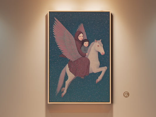 Framed celestial mother and child Pegasus art print adorns a beige wall. The surreal artwork features deep blue and crimson hues. An eclectic focal point for a bedroom or living room wall decor. Gift a stargazer or lover of imaginative Pegasus canvas art.