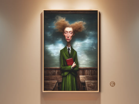This is a surreal woman portrait art print. The artwork features a woman in a green suit holding a red book. This quirky figurative wall art adds an eclectic touch to any study or office space. It is a unique gift for book lovers. The teal background enhances its distinctive charm. It offers an artistic home decor gift.