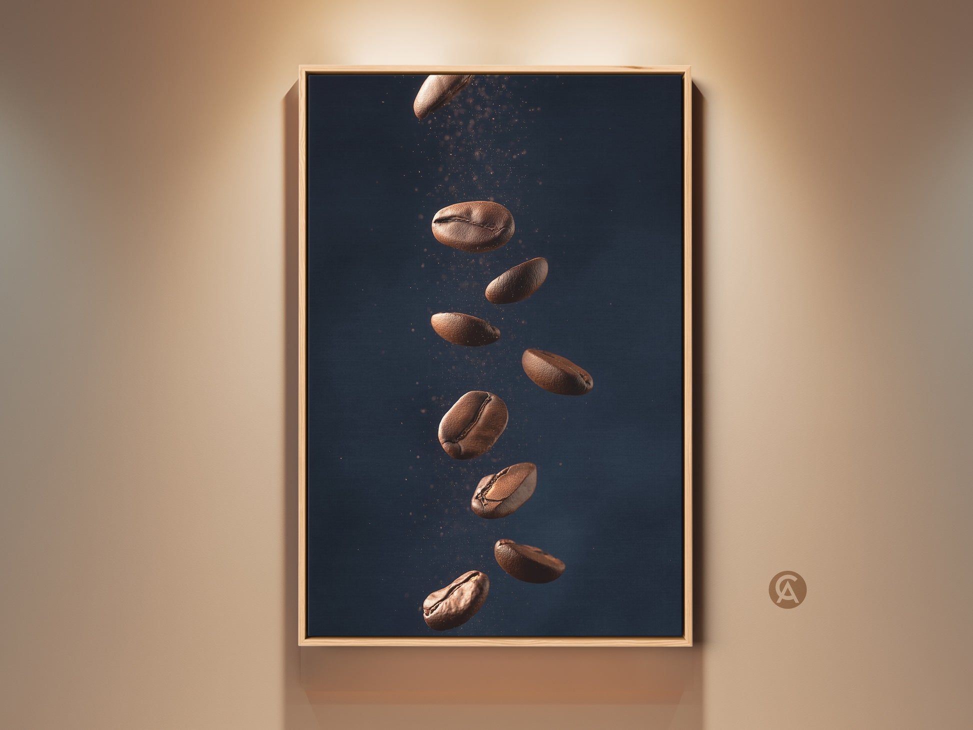 Modern abstract coffee bean art in a Tan and Dark Blue palette. This contemporary canvas print is perfect for a kitchen or cafe. A minimalist home decor piece adds elegance and coffee culture to any space. Consider this a unique housewarming gift for coffee lovers.