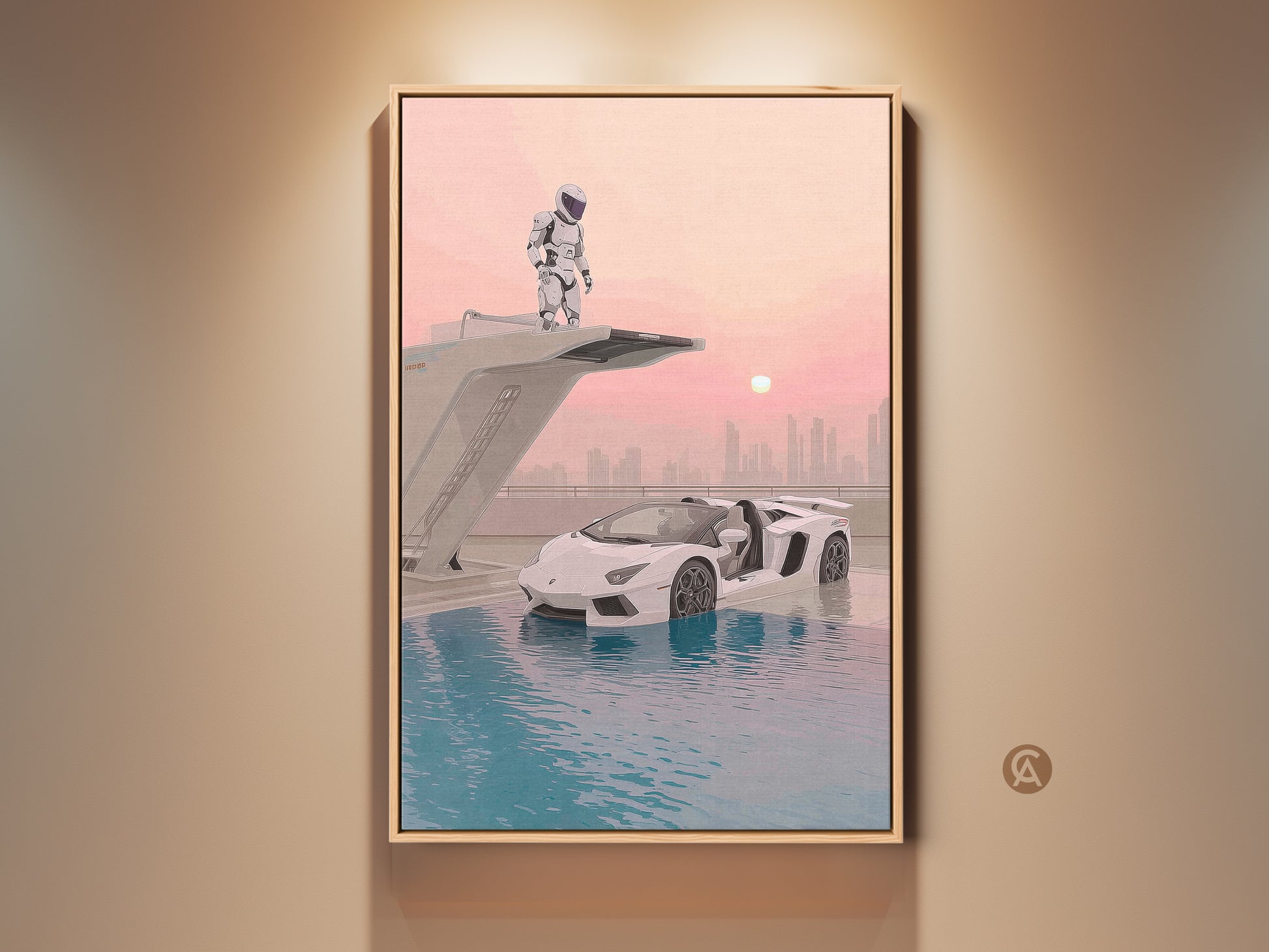 Surreal astronaut supercar canvas art in a floating frame. This futuristic sci-fi artwork features teal pink blue office wall decor. This unique art is a gift idea for car lovers. The art features an astronaut beside a supercar in a cosmic scene. The teal pink blue colors enhance its modern aesthetic.