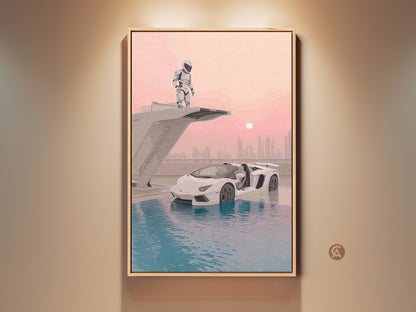 Surreal astronaut supercar canvas art in a floating frame. This futuristic sci-fi artwork features teal pink blue office wall decor. This unique art is a gift idea for car lovers. The art features an astronaut beside a supercar in a cosmic scene. The teal pink blue colors enhance its modern aesthetic.