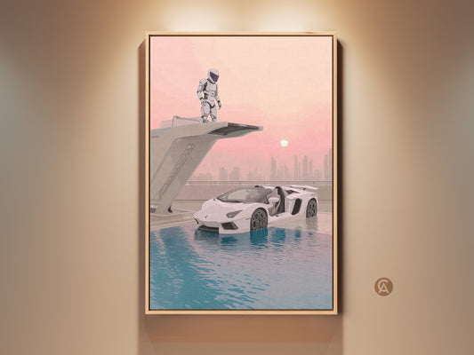Surreal astronaut supercar canvas art in a floating frame. This futuristic sci-fi artwork features teal pink blue office wall decor. This unique art is a gift idea for car lovers. The art features an astronaut beside a supercar in a cosmic scene. The teal pink blue colors enhance its modern aesthetic.