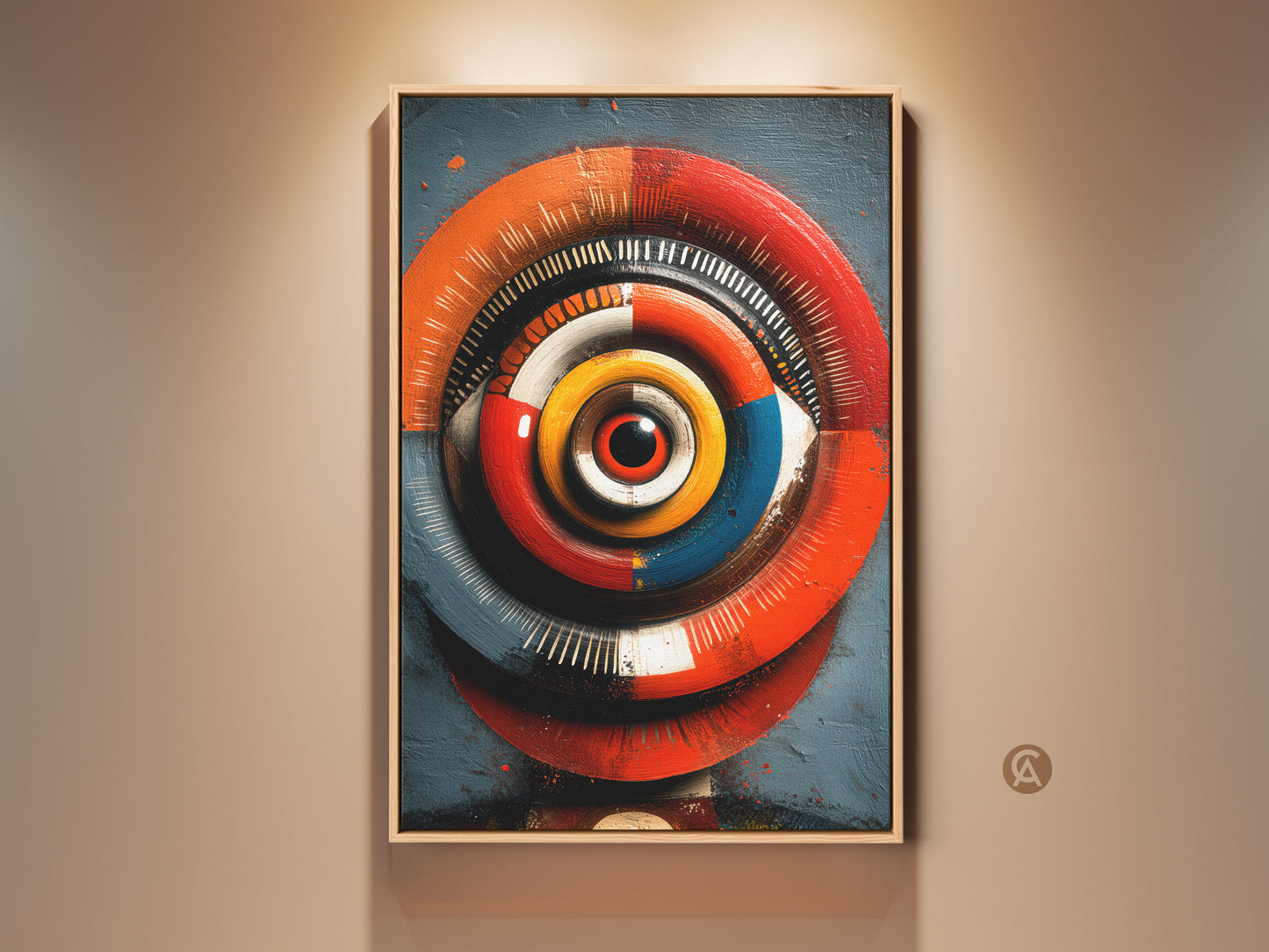 Framed abstract eye canvas print in a modern setting. The red orange blue artwork features a unique optical illusion. Ideal as wall art for the office or eclectic home decor. This concentric circles painting brings a modern geometric art style to any space. A perfect gift for art enthusiasts looking for vibrant home decor.