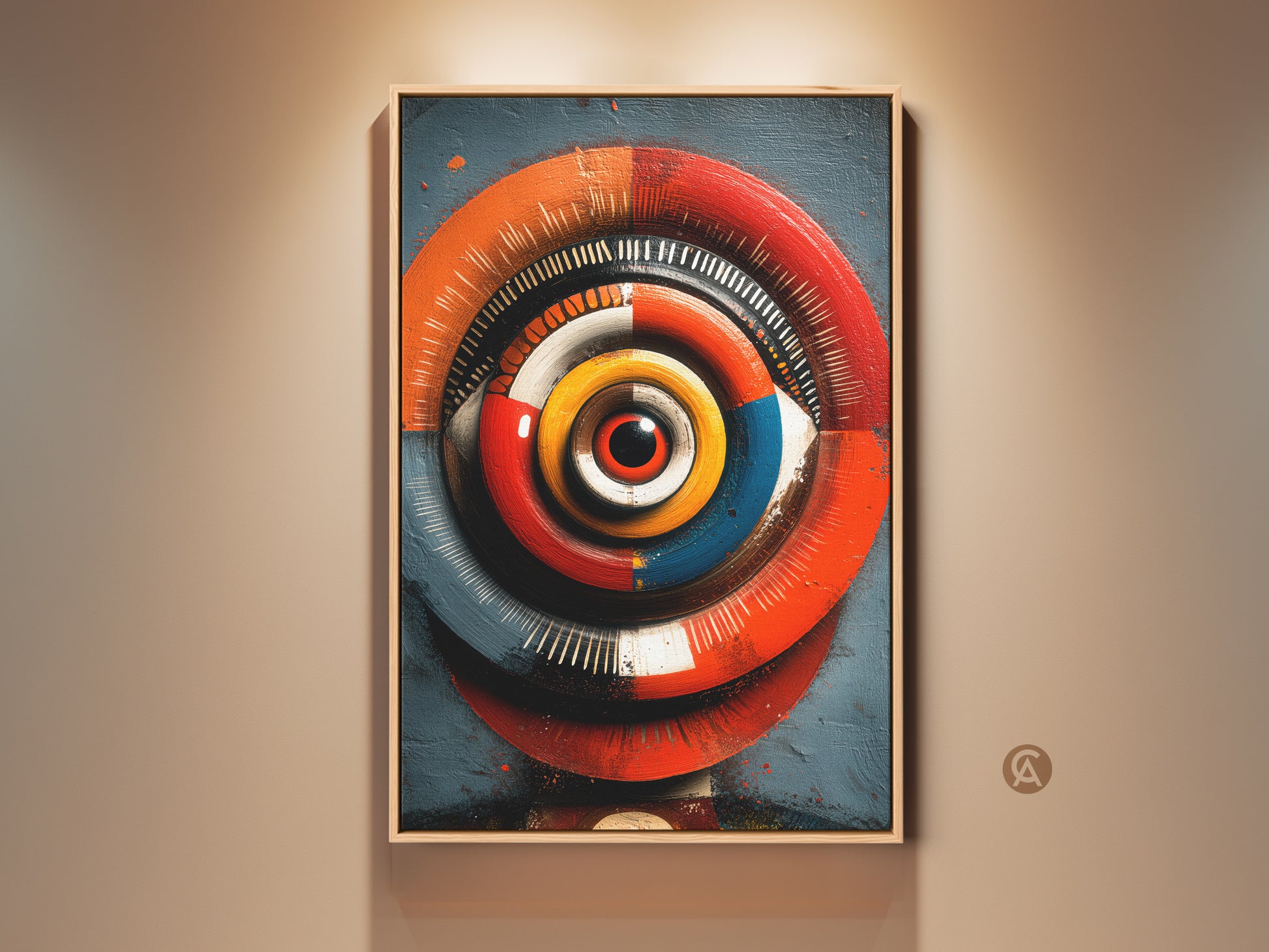 Framed abstract eye canvas print in a modern setting. The red orange blue artwork features a unique optical illusion. Ideal as wall art for the office or eclectic home decor. This concentric circles painting brings a modern geometric art style to any space. A perfect gift for art enthusiasts looking for vibrant home decor.