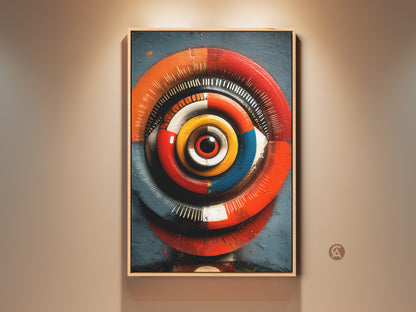 Framed abstract eye canvas print in a modern setting. The red orange blue artwork features a unique optical illusion. Ideal as wall art for the office or eclectic home decor. This concentric circles painting brings a modern geometric art style to any space. A perfect gift for art enthusiasts looking for vibrant home decor.