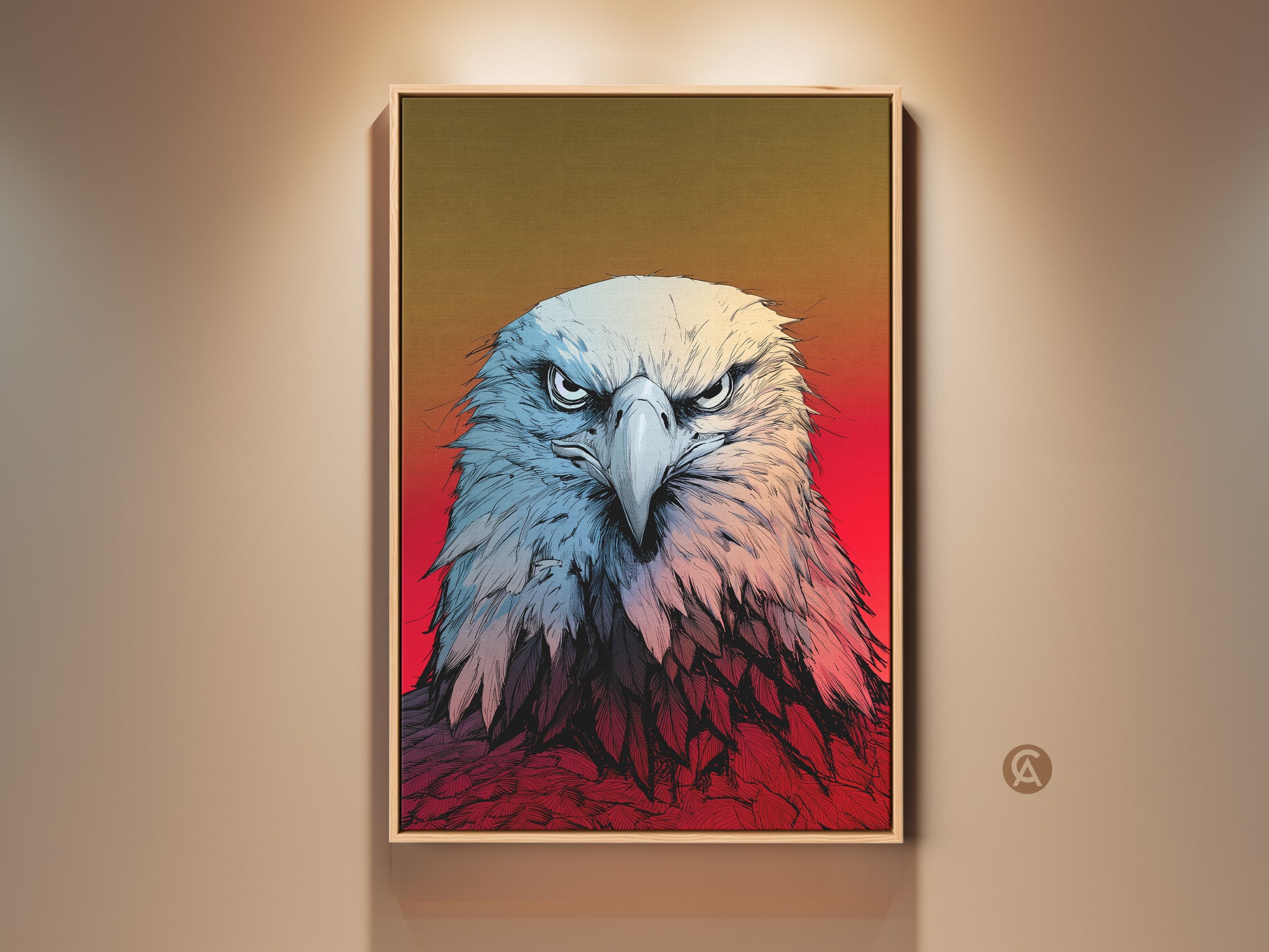 Elevate your space with Patriotic Eagle Wall Art. This striking American bird of prey canvas print features a bold graphic style. Perfect wildlife art for an office or a unique gift for Dad. The red orange and blue artwork embodies the spirit of freedom.