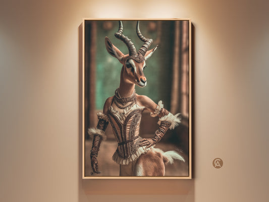 View of a framed ornate Gazelle in corset art print. This regal animal artwork features tan gold and brown colors. An eclectic style wall decor for a boutique interior or luxury bedroom. This print adds a unique narrative and sophisticated charm. Ideal for fashion and vintage lovers.