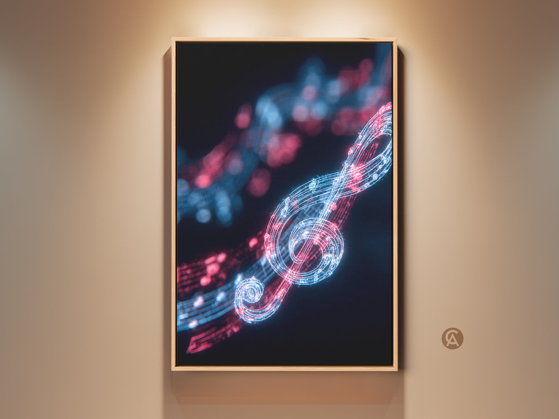 Framed abstract music art print on a wall. This neon treble clef canvas artwork features electric blue and red light notes. A modern piece perfect as home office decor or a musician gift idea.