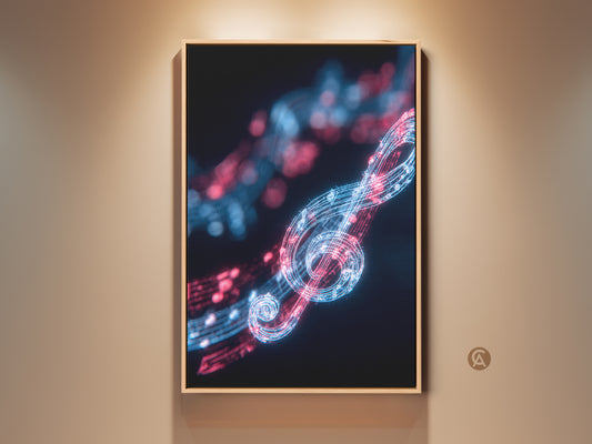 Framed abstract music art print on a wall. This neon treble clef canvas artwork features electric blue and red light notes. A modern piece perfect as home office decor or a musician gift idea.