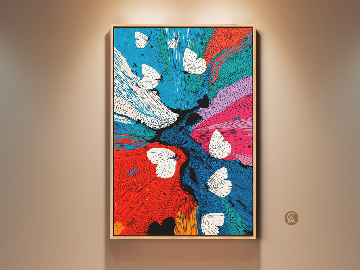 Framed abstract butterfly canvas art in a modern eclectic bedroom setting. Red blue teal colors create a vibrant nature insect motif. This contemporary floral artwork adds a unique touch as wall decor. A perfect housewarming gift for art lovers enhancing home ambiance with fine art.