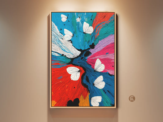 Framed abstract butterfly canvas art in a modern eclectic bedroom setting. Red blue teal colors create a vibrant nature insect motif. This contemporary floral artwork adds a unique touch as wall decor. A perfect housewarming gift for art lovers enhancing home ambiance with fine art.