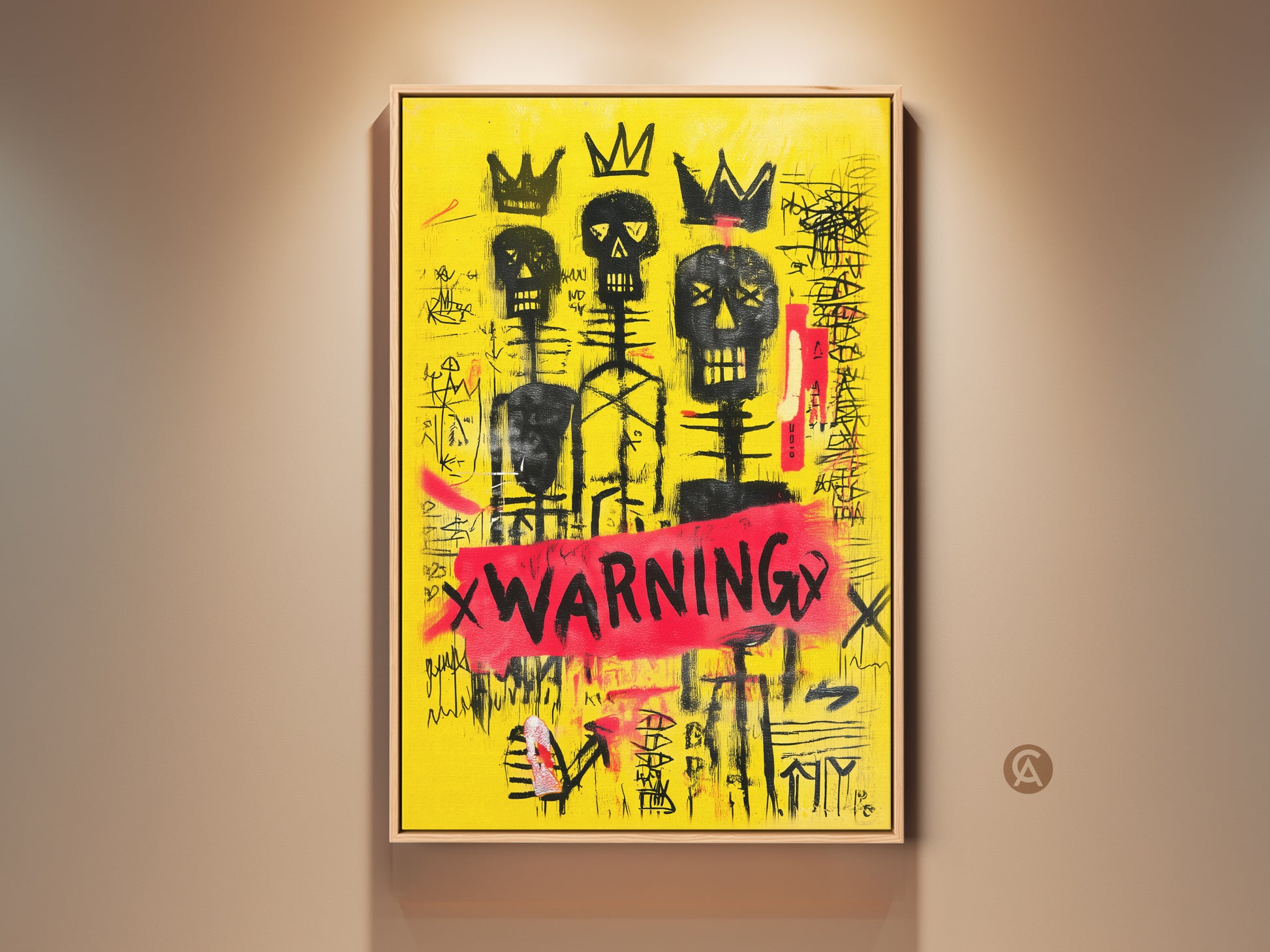 Gallery view of a Skull Art Print. This Graffiti Canvas Art features a Neo-Expressionism Crown Skeleton. The artwork is an Eclectic Wall Decor that serves as an Art Lovers Gift. The artwork's theme is yellow black and red.