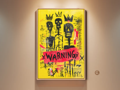 Gallery view of a Skull Art Print. This Graffiti Canvas Art features a Neo-Expressionism Crown Skeleton. The artwork is an Eclectic Wall Decor that serves as an Art Lovers Gift. The artwork's theme is yellow black and red.