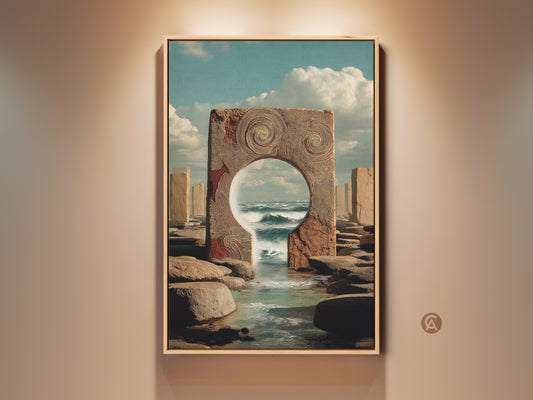 Framed conceptual ocean portal artwork. Surreal beach landscape wall decor in an eclectic tan blue teal home. Evokes wonder with a rocky shore ocean view. A unique housewarming gift.