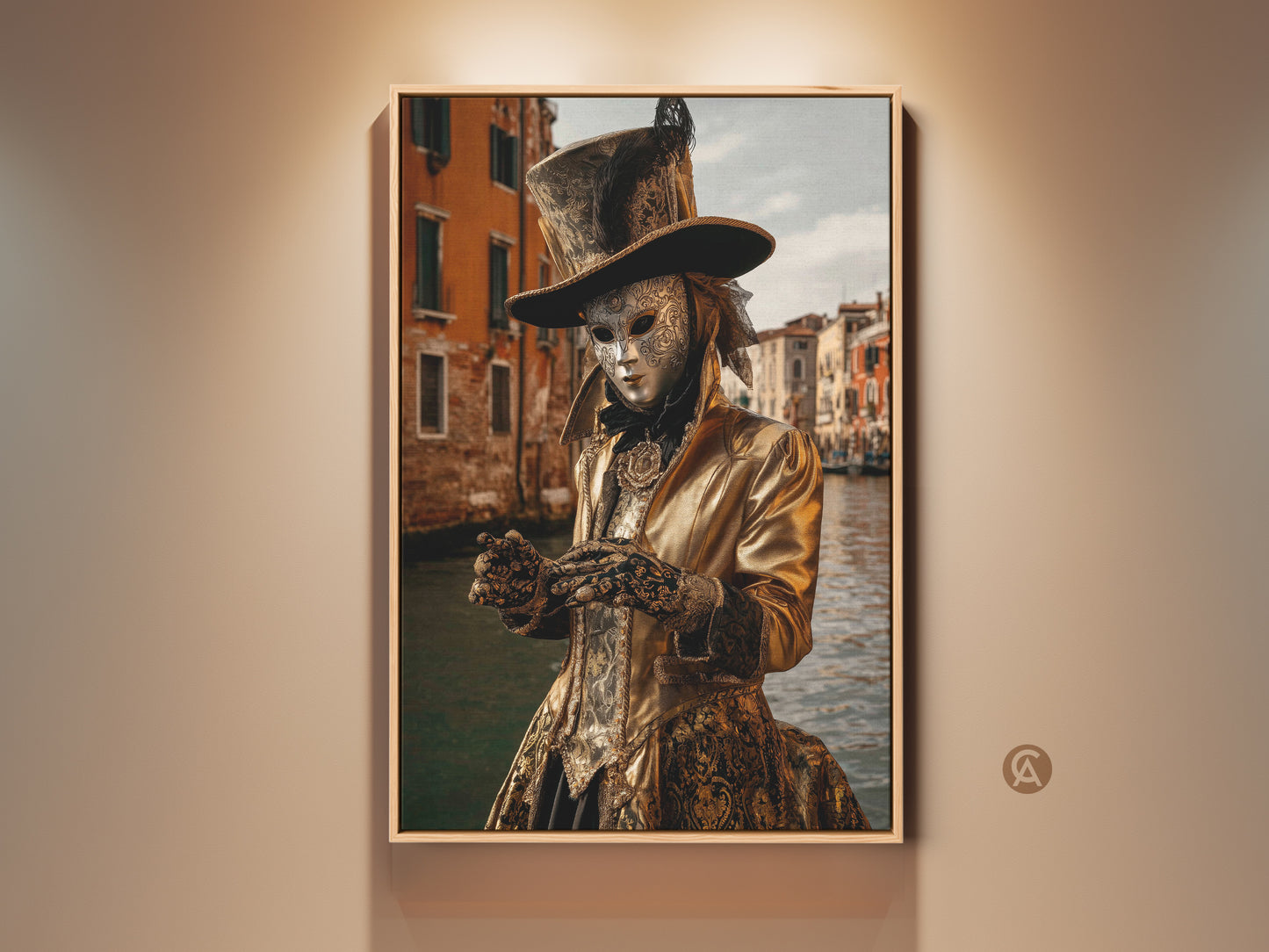 This art print shows a person in a gold theatrical costume during the Venice Carnival. The Venetian mask adds mystery. It features gold accents and brown hues. It's an eclectic addition for travel souvenir art collectors.