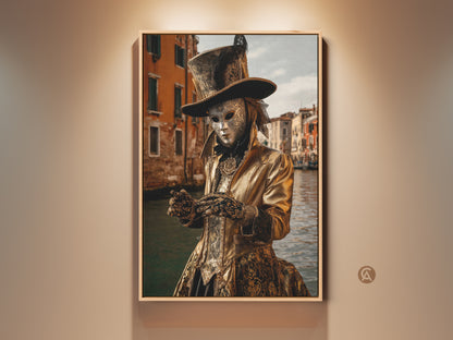 This art print shows a person in a gold theatrical costume during the Venice Carnival. The Venetian mask adds mystery. It features gold accents and brown hues. It's an eclectic addition for travel souvenir art collectors.