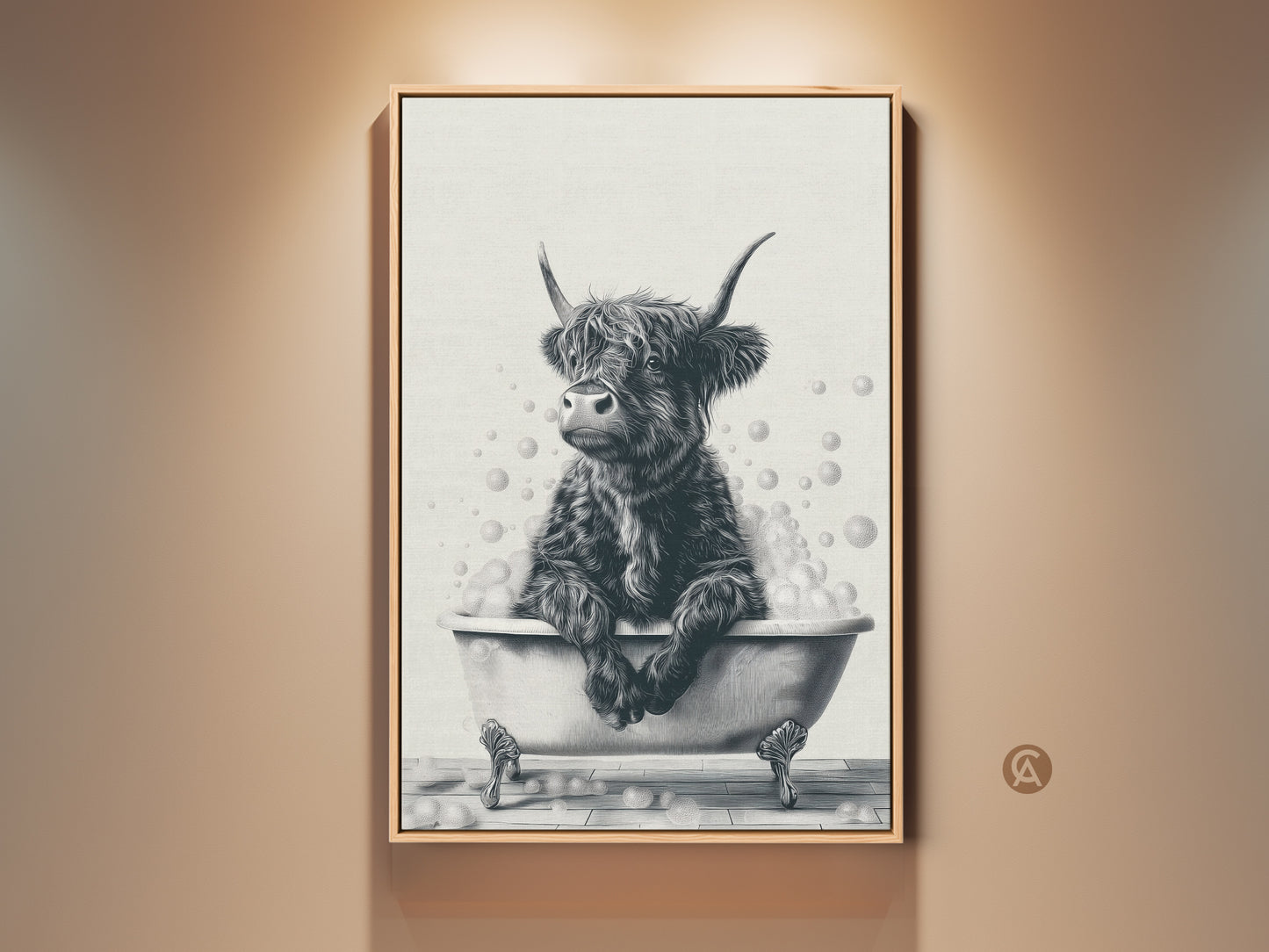 Framed farmhouse wall art featuring a Highland cow in a bathtub. This black and white sketch brings humor to your space. Perfect for bathroom or kitchen decor. A unique gift for farm animal lovers. This charming print adds a rustic touch to any room. A delightful piece for cow enthusiasts.