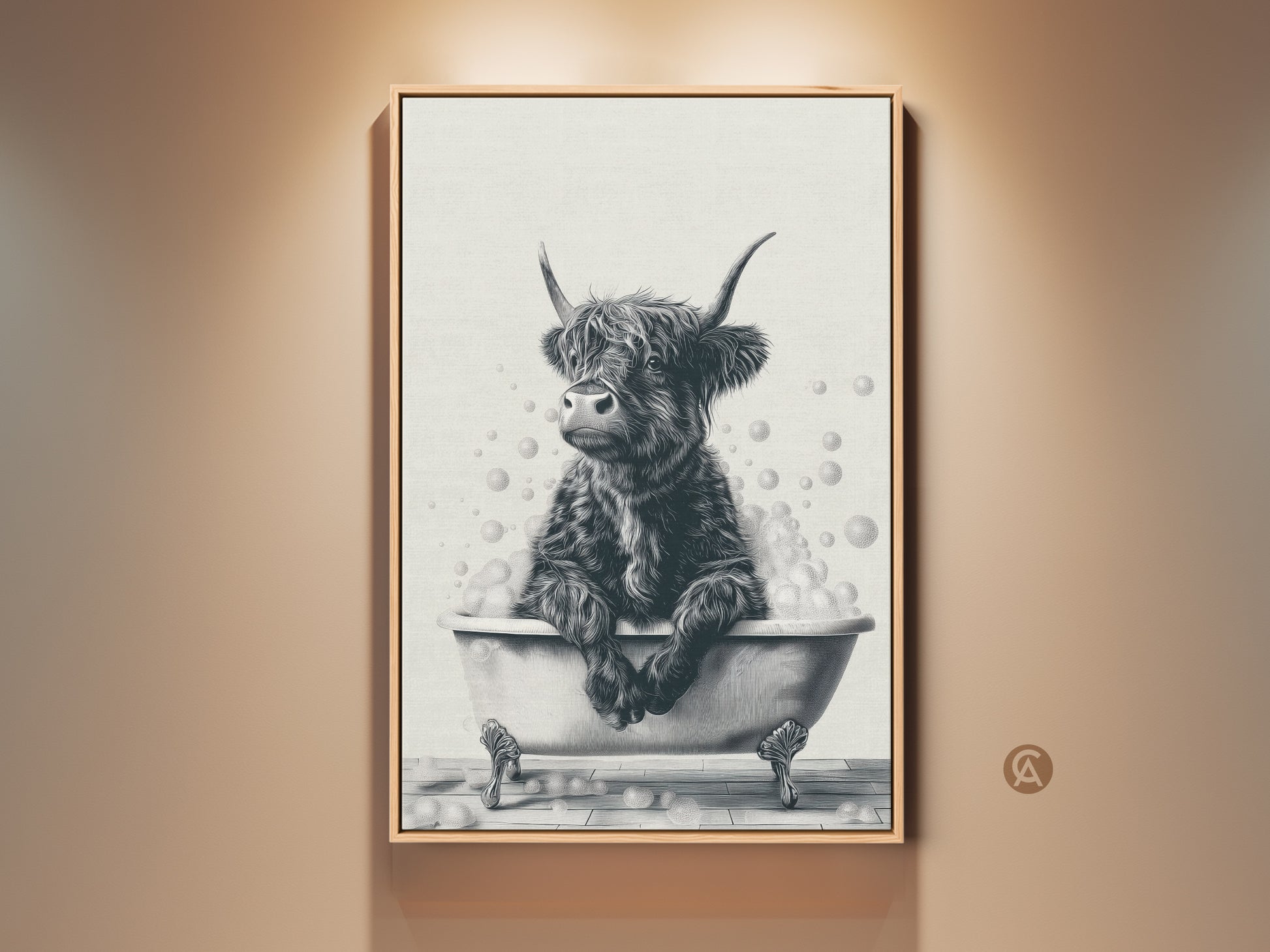 Framed farmhouse wall art featuring a Highland cow in a bathtub. This black and white sketch brings humor to your space. Perfect for bathroom or kitchen decor. A unique gift for farm animal lovers. This charming print adds a rustic touch to any room. A delightful piece for cow enthusiasts.