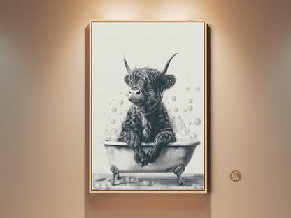Framed farmhouse wall art featuring a Highland cow in a bathtub. This black and white sketch brings humor to your space. Perfect for bathroom or kitchen decor. A unique gift for farm animal lovers. This charming print adds a rustic touch to any room. A delightful piece for cow enthusiasts.