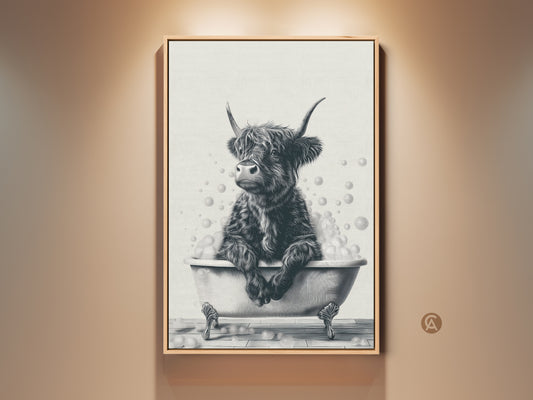Framed farmhouse wall art featuring a Highland cow in a bathtub. This black and white sketch brings humor to your space. Perfect for bathroom or kitchen decor. A unique gift for farm animal lovers. This charming print adds a rustic touch to any room. A delightful piece for cow enthusiasts.