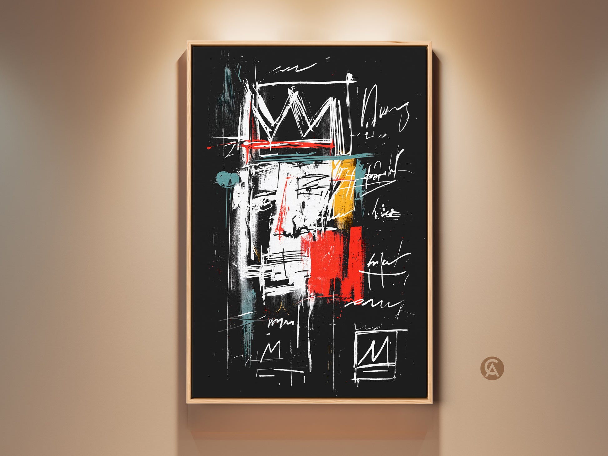 Framed abstract wall art featuring a crown motif. This contemporary artwork showcases bold colors and dynamic brushstrokes. The gallery-wrapped canvas adds a touch of sophistication. Perfect for modern home decor. Add a statement piece to your living room or office with this eye-catching piece.