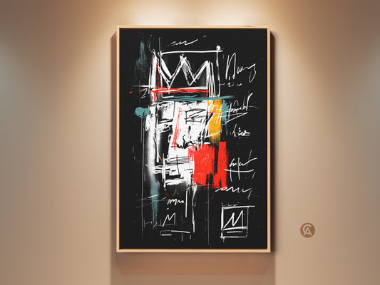 Framed abstract wall art featuring a crown motif. This contemporary artwork showcases bold colors and dynamic brushstrokes. The gallery-wrapped canvas adds a touch of sophistication. Perfect for modern home decor. Add a statement piece to your living room or office with this eye-catching piece.