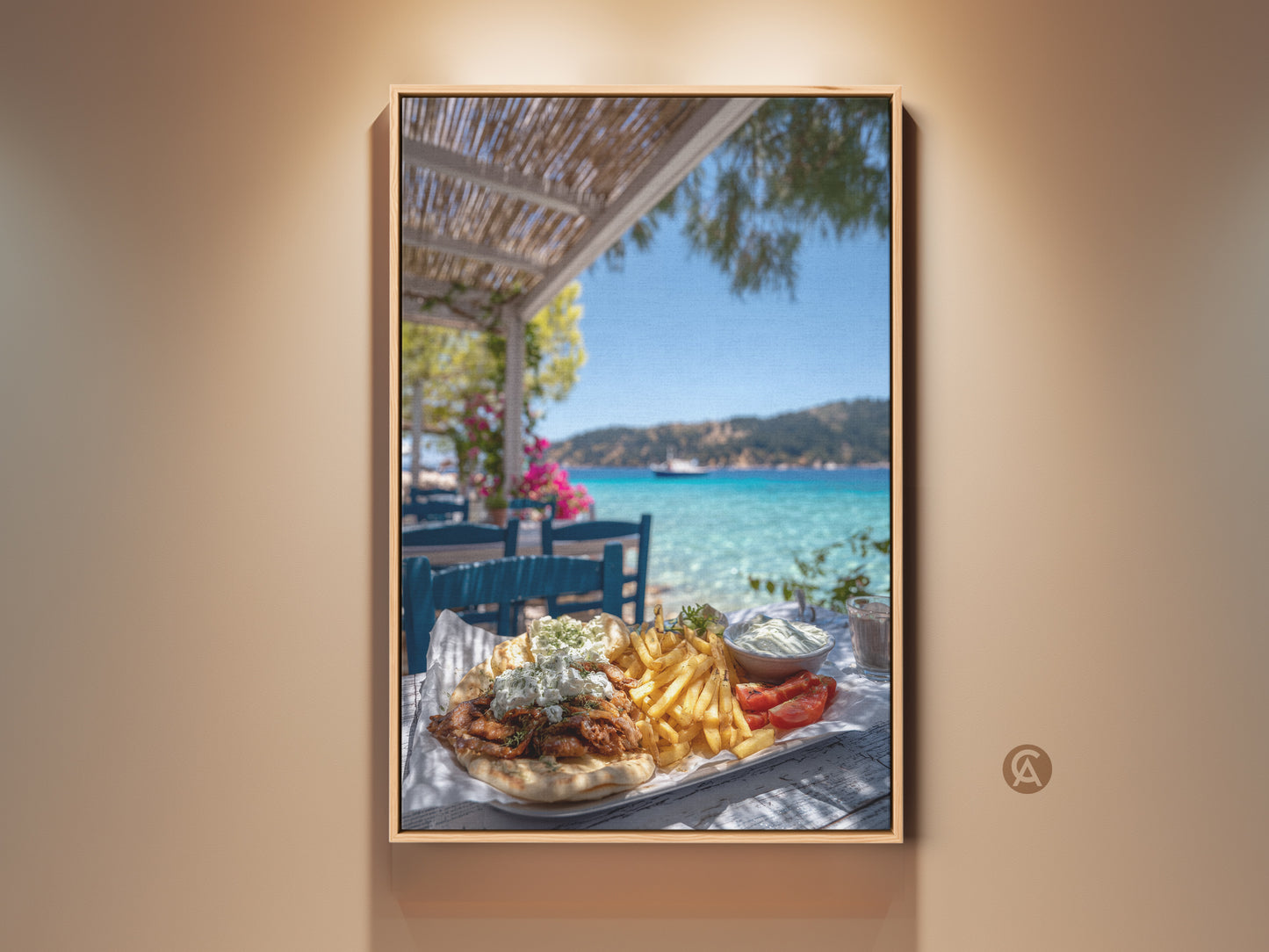 Photorealistic greek gyros platter art print. The canvas captures a summer vacation scene with coastal scenery. The turquoise sea is vibrant in the background.  It's perfect for kitchen or dining coastal home decor. A foodie gift for travel lovers. This artwork will bring sunny days to your home.
