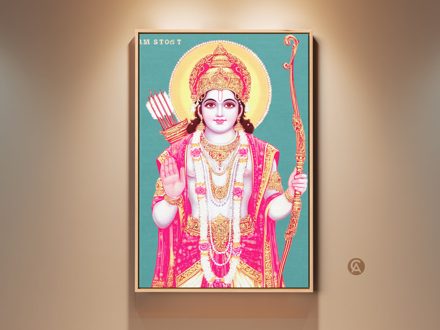Lord Rama canvas art print for spiritual home decor. A Traditional Indian Folk art style in teal gold and pink tones. Perfect Diwali gift or eclectic bedroom art.