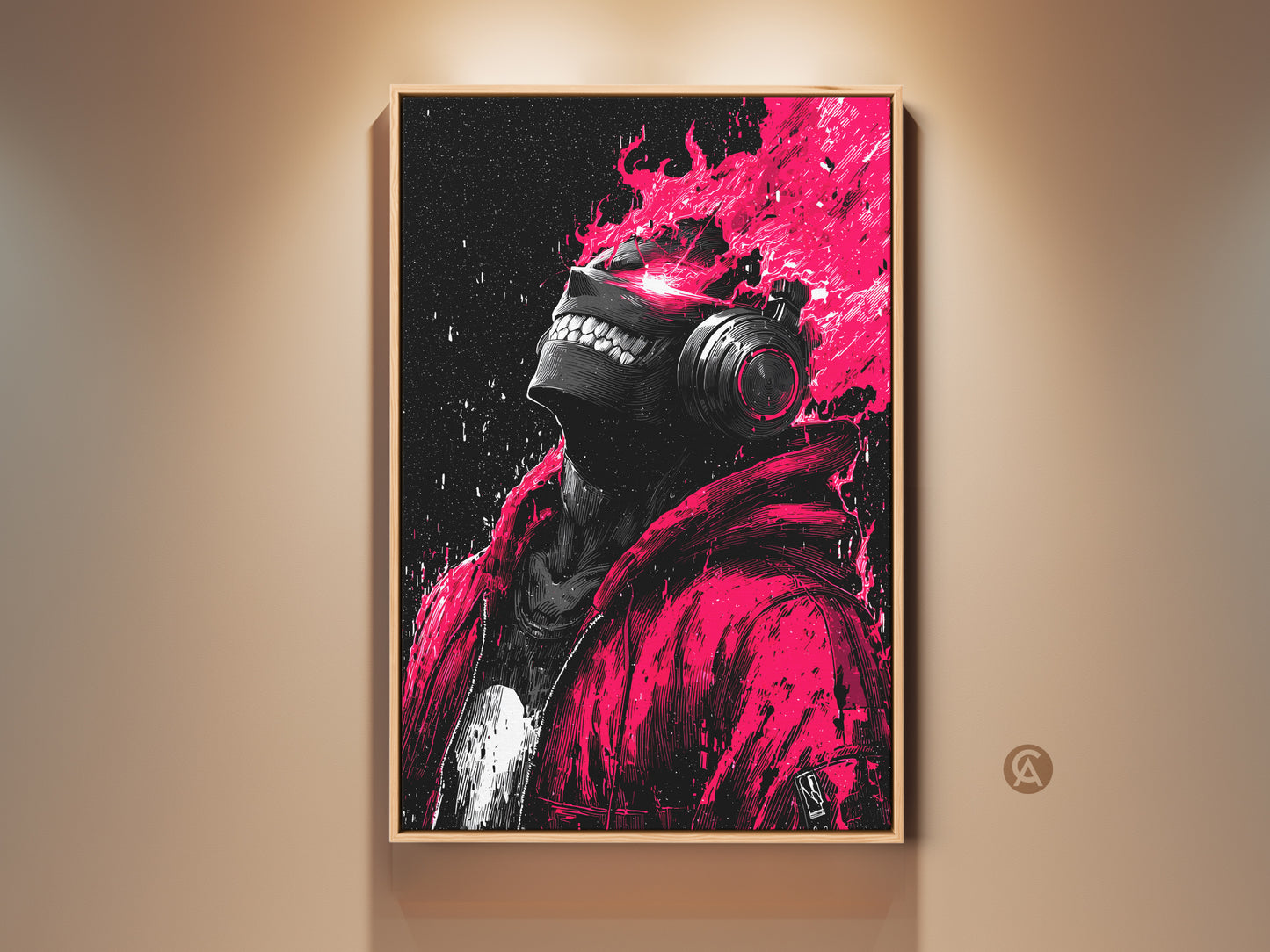 A framed artwork is hanging on a neutral wall. The artwork showcases a person with headphones. Pink flames emanate from their head in a striking contrast. This art piece adds a modern edgy vibe to any room.