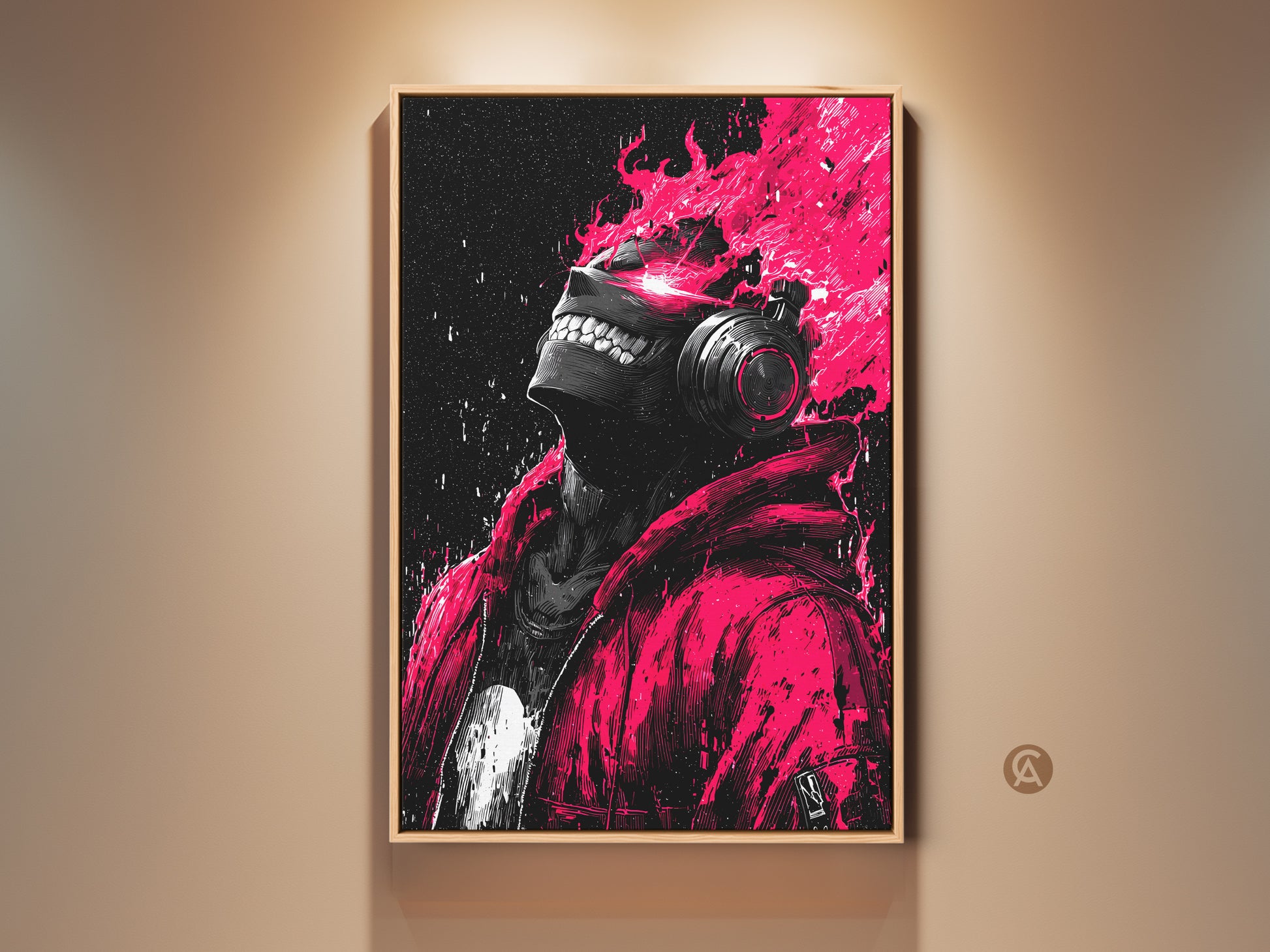 A framed artwork is hanging on a neutral wall. The artwork showcases a person with headphones. Pink flames emanate from their head in a striking contrast. This art piece adds a modern edgy vibe to any room.