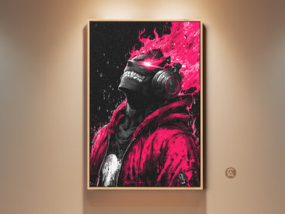 A framed artwork is hanging on a neutral wall. The artwork showcases a person with headphones. Pink flames emanate from their head in a striking contrast. This art piece adds a modern edgy vibe to any room.