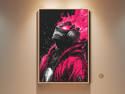 A framed artwork is hanging on a neutral wall. The artwork showcases a person with headphones. Pink flames emanate from their head in a striking contrast. This art piece adds a modern edgy vibe to any room.
