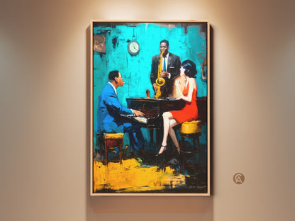 Experience the soulful ambiance of a jazz club with this framed canvas art. The artwork features a pianist in a blue suit a saxophonist and a woman in red. Perfect wall art to add rhythm and color to your living space. Shop now for museum-quality prints!