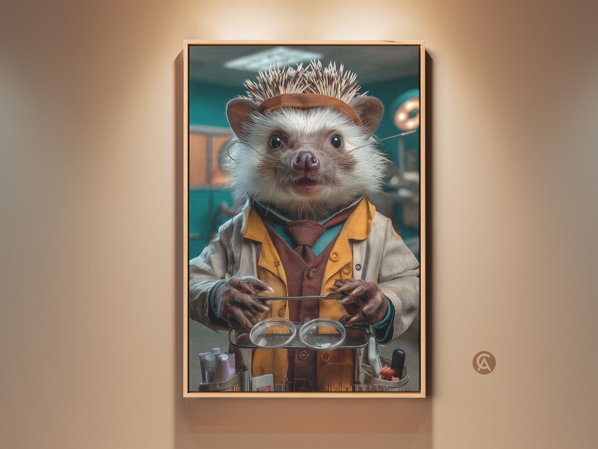 Science Hedgehog Canvas Art shows an animal doctor print for an office. The tan & teal eclectic wall decor is a gift for veterinarians. This unique canvas art features a hedgehog dressed as a doctor. He holds a tray with lab instruments. This blends playful style with scientific themes.