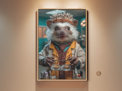 Science Hedgehog Canvas Art shows an animal doctor print for an office. The tan & teal eclectic wall decor is a gift for veterinarians. This unique canvas art features a hedgehog dressed as a doctor. He holds a tray with lab instruments. This blends playful style with scientific themes.