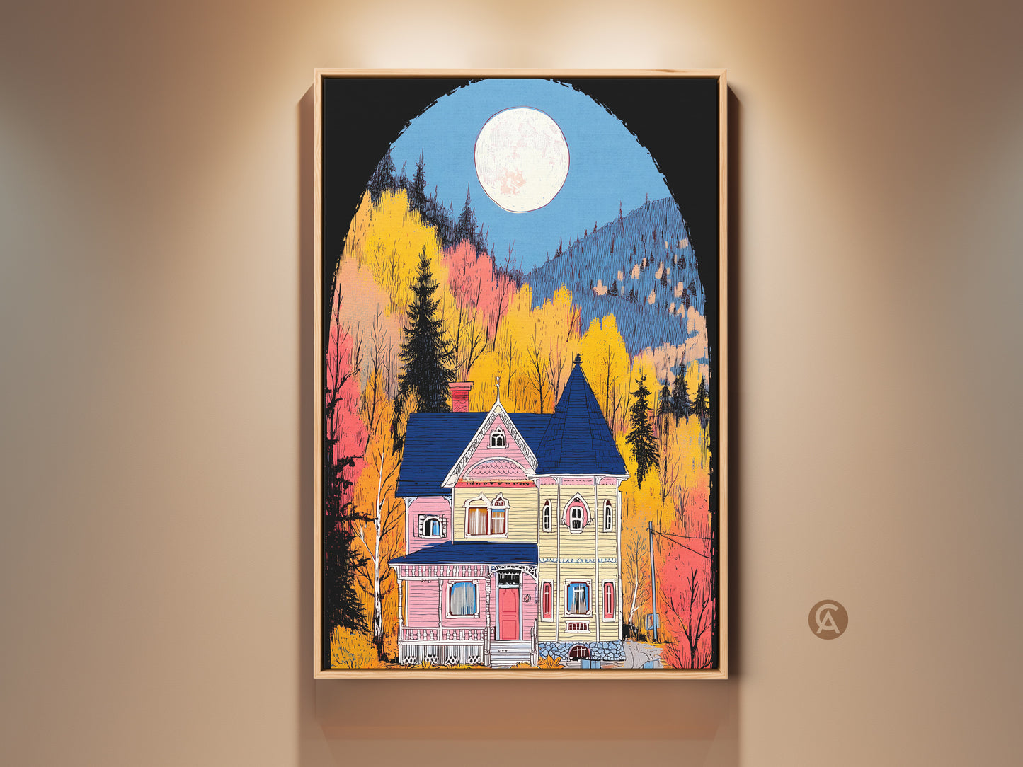 Framed folk art print featuring a Victorian house. The artwork is showcased in a wood frame. The wall art captures a whimsical scene under a full moon with pink yellow and blue accents. Ideal eclectic home decor for cozy spaces.