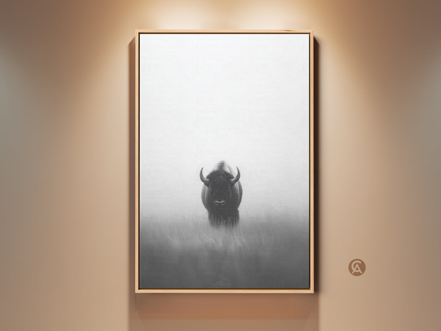 Minimalist monochrome bison canvas print. This black and white wildlife wall art offers a modern wildlife touch to your bedroom or office. The artwork showcases a striking animal against a bright white background. This is perfect modern home wall decor or a unique gift for outdoor enthusiasts.