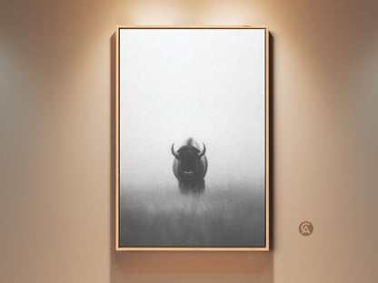 Minimalist monochrome bison canvas print. This black and white wildlife wall art offers a modern wildlife touch to your bedroom or office. The artwork showcases a striking animal against a bright white background. This is perfect modern home wall decor or a unique gift for outdoor enthusiasts.