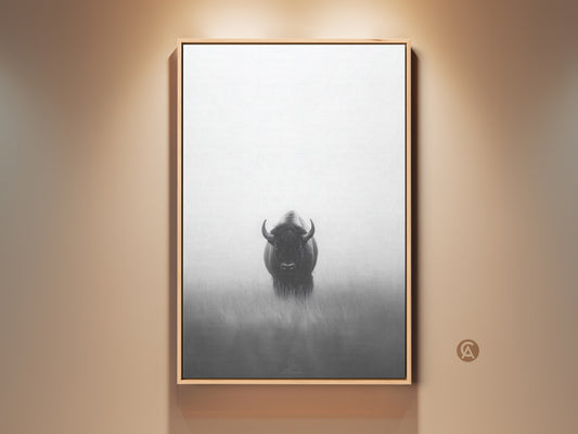 Minimalist monochrome bison canvas print. This black and white wildlife wall art offers a modern wildlife touch to your bedroom or office. The artwork showcases a striking animal against a bright white background. This is perfect modern home wall decor or a unique gift for outdoor enthusiasts.