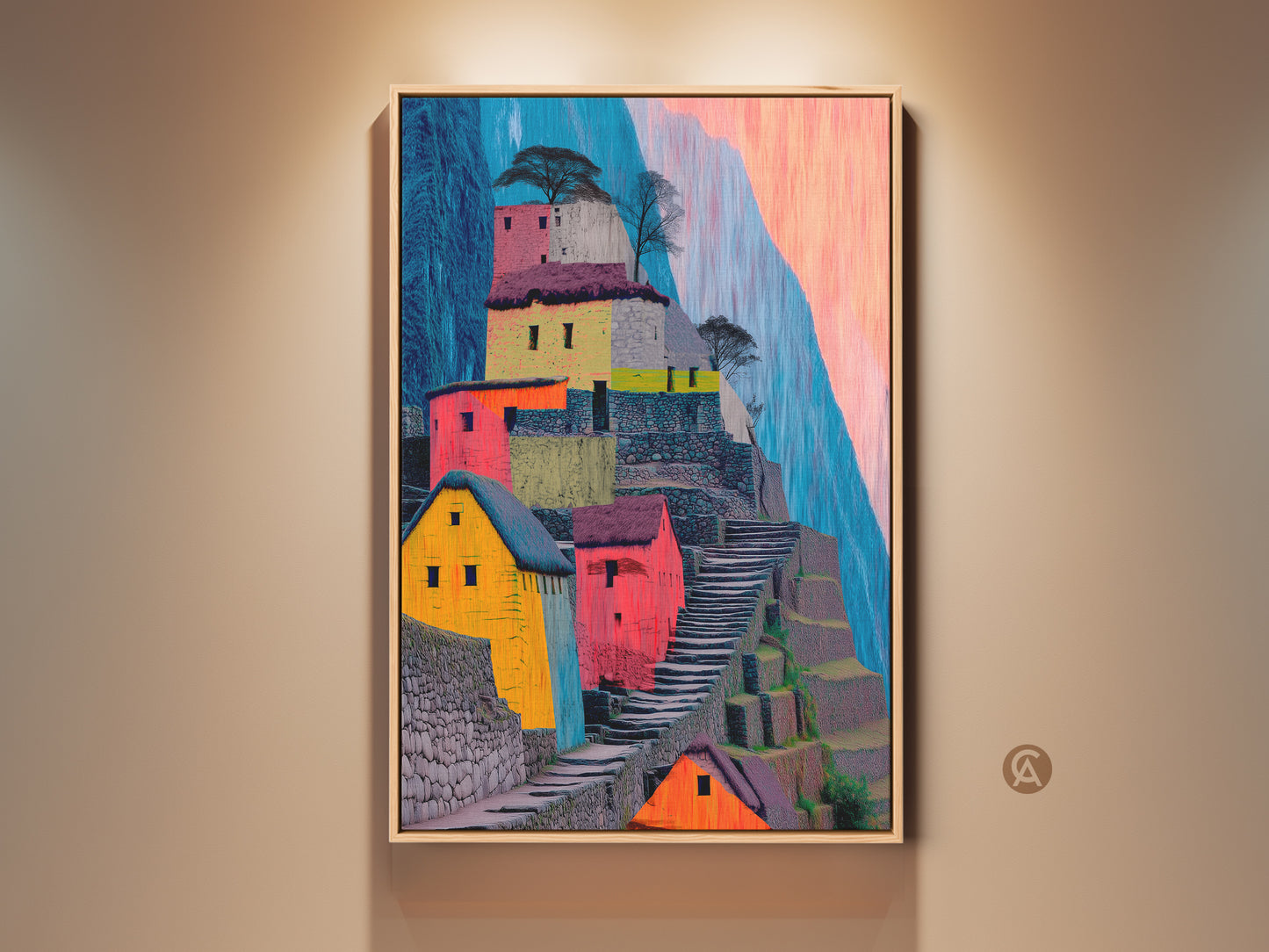 Boho Machu Picchu canvas art adds global charm to your space. Abstract landscape wall art showcases terraced hillsides in yellow red and teal tones. Its perfect for travel enthusiasts seeking unique South America wall decor. Framed artwork is ready to hang and adds vibrant color to any room.