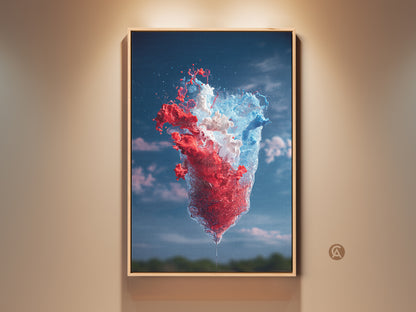 Modern office wall art featuring a dynamic red blue and white abstract splash art print. This contemporary canvas artwork adds an energetic color splash to any space. The abstract paint splatter art makes for unique abstract artwork perfect as home office wall decor.