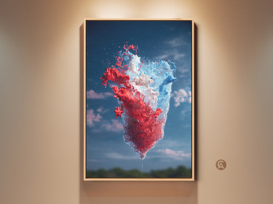 Modern office wall art featuring a dynamic red blue and white abstract splash art print. This contemporary canvas artwork adds an energetic color splash to any space. The abstract paint splatter art makes for unique abstract artwork perfect as home office wall decor.