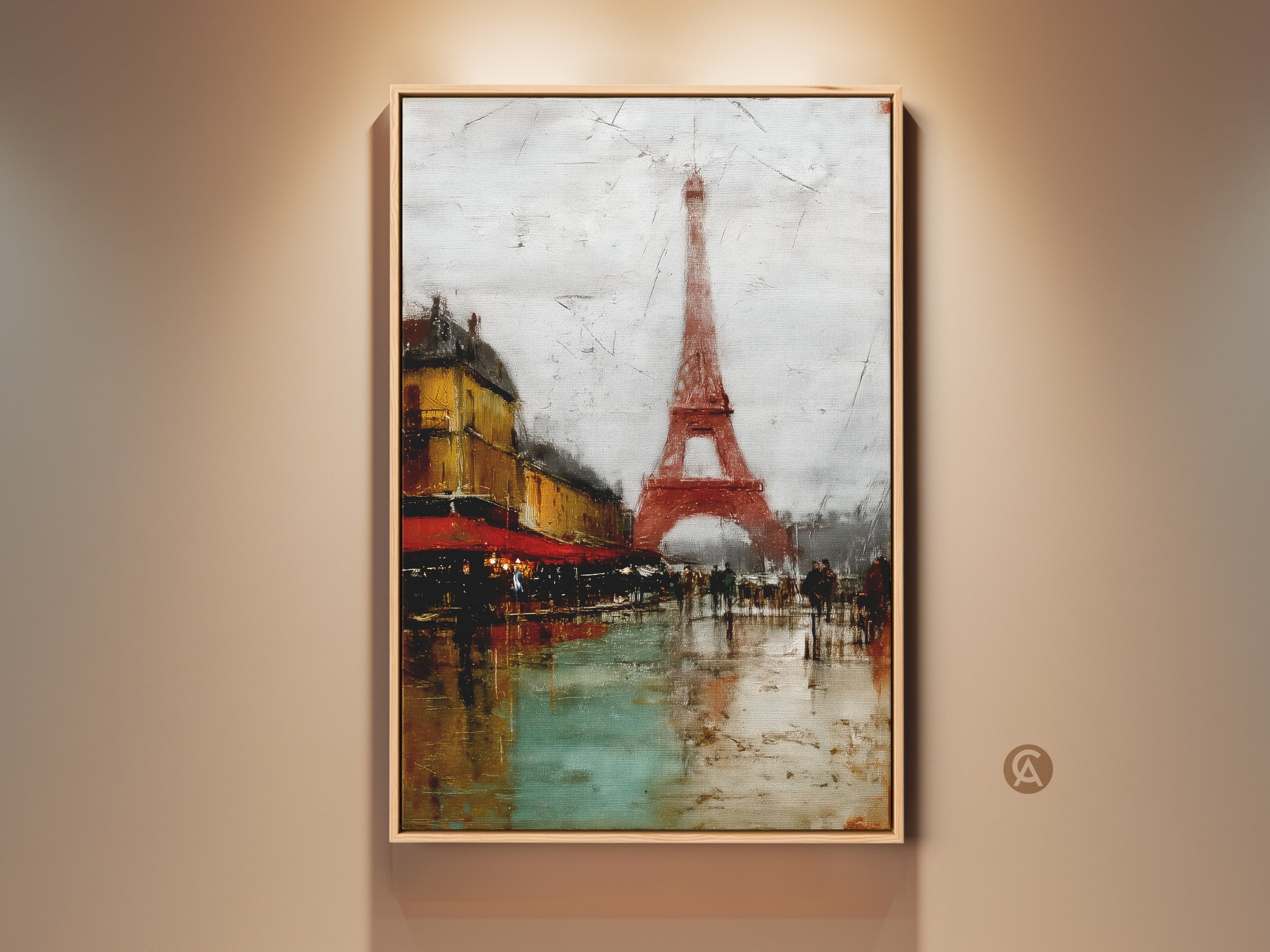 Framed Paris Cityscape Wall Art featuring the Eiffel Tower and a cafe. This terracotta yellow and teal artwork captures an impressionistic urban scene. A perfect piece of European-inspired wall art for home decor. This canvas print adds a touch of French charm to any living room or office space.