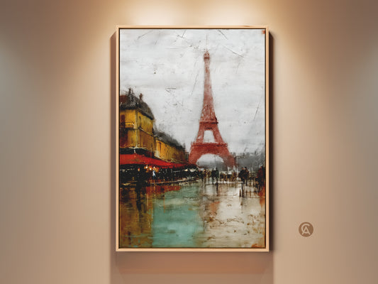 Framed Paris Cityscape Wall Art featuring the Eiffel Tower and a cafe. This terracotta yellow and teal artwork captures an impressionistic urban scene. A perfect piece of European-inspired wall art for home decor. This canvas print adds a touch of French charm to any living room or office space.