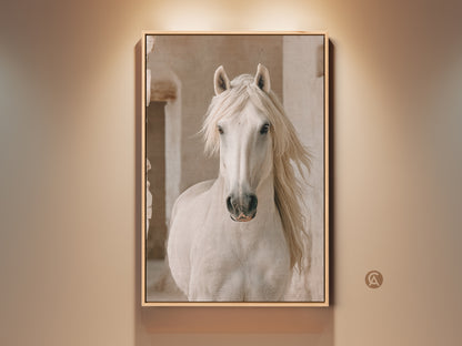 Framed photorealistic white horse canvas art on a beige wall. This rustic animal print adds farmhouse charm to any room. Perfect cream beige home decor for horse enthusiasts.